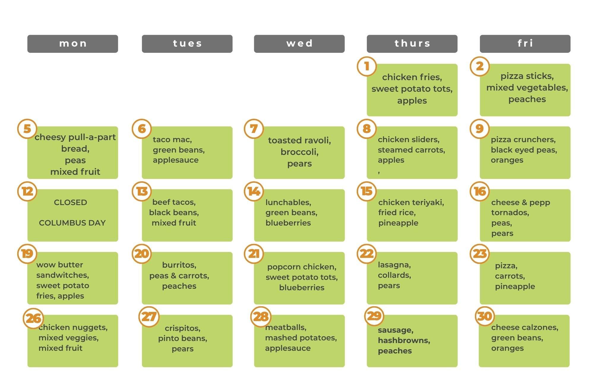 October 2026 lunch menu calendar